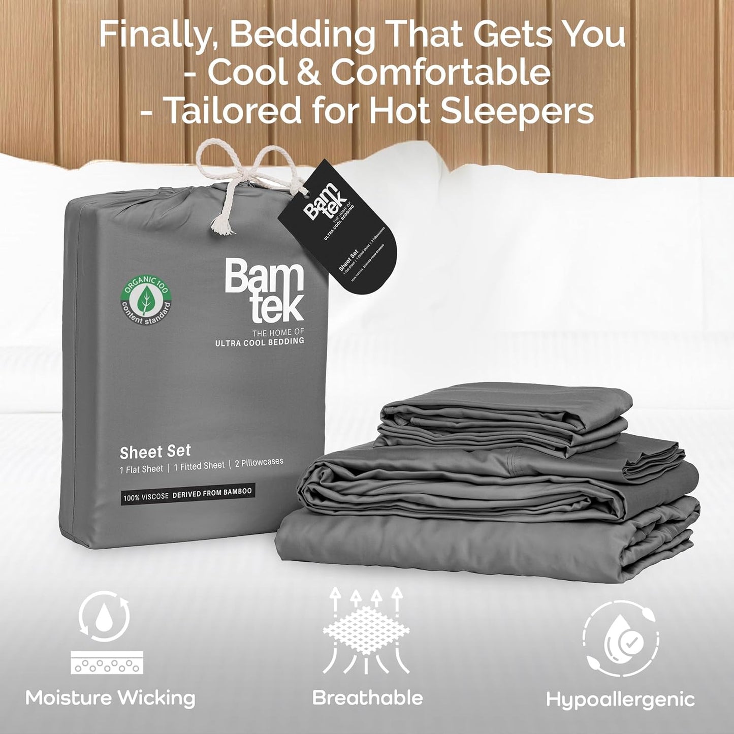 100% Viscose from Bamboo Sheets Full Size, Super Soft Bedding Set, 4PC Cooling Sheets for Hot Sleepers, Vegan Silk Moisture Wicking, Organically Grown Bedsheet, Steel - 54" x 75"