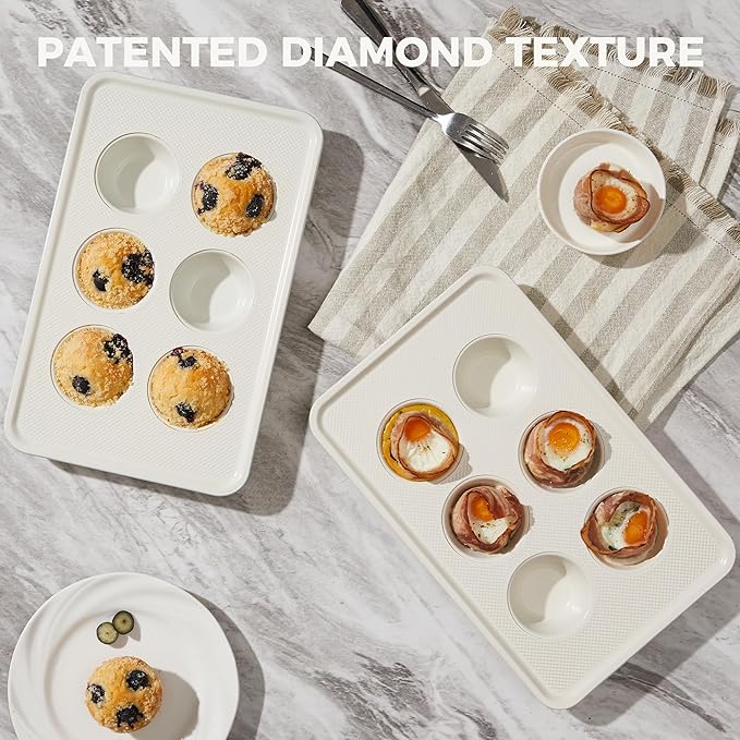 HONGBAKE Nonstick Ceramic Muffin Pan, 6 Cup Muffin tin for Baking, Non-toxic Cupcake Pan, Heavy-duty Aluminized Steel Cupcake Tray with Diamond Texture, Easy To Clean, Cream