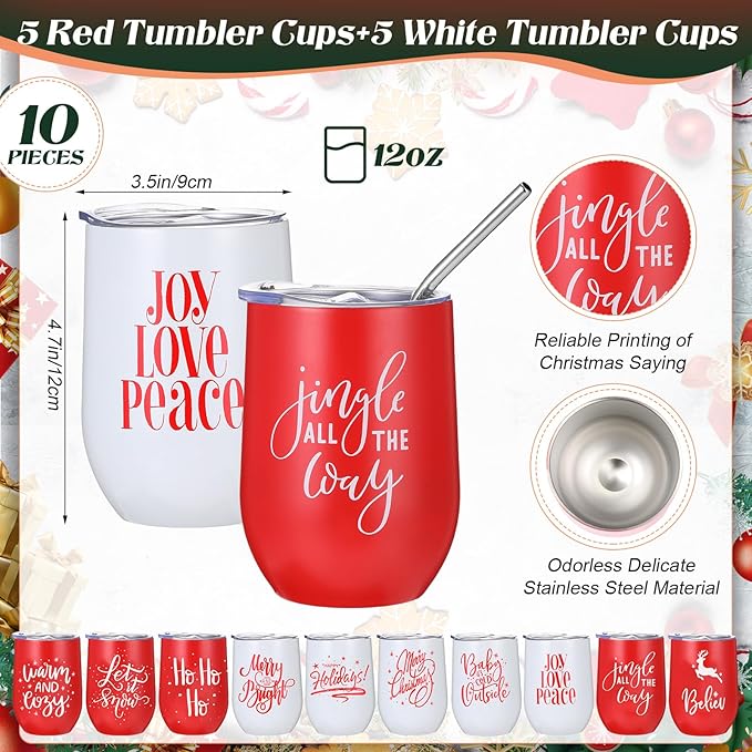 Uiifan 10 Pack Christmas Tumblers Gifts 12 Oz Xmas Funny Tumbler Christmas Stainless Steel Coffee Mugs Set Xmas Insulated Travel Cup with Straw Lid for Family Xmased Holiday Gift (Red White)