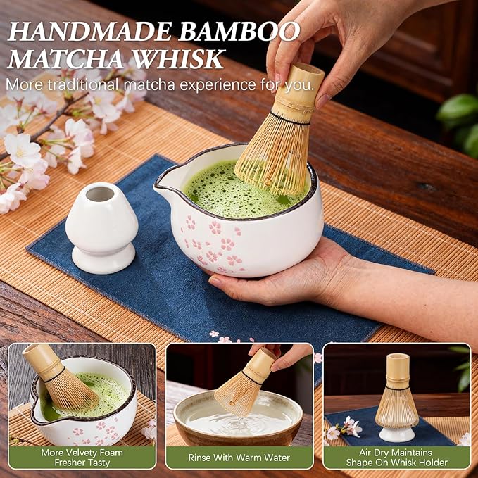 Matcha Whisk Set, 7 PCS Ceramic Matcha Sets with Bowl, Bamboo Whisk and Holder, Towel, Sifter, Bamboo Scoop, Scoop Rest, Christmas Gifts for Tea Lovers, Birthdays New Year Gifts for Women Mom