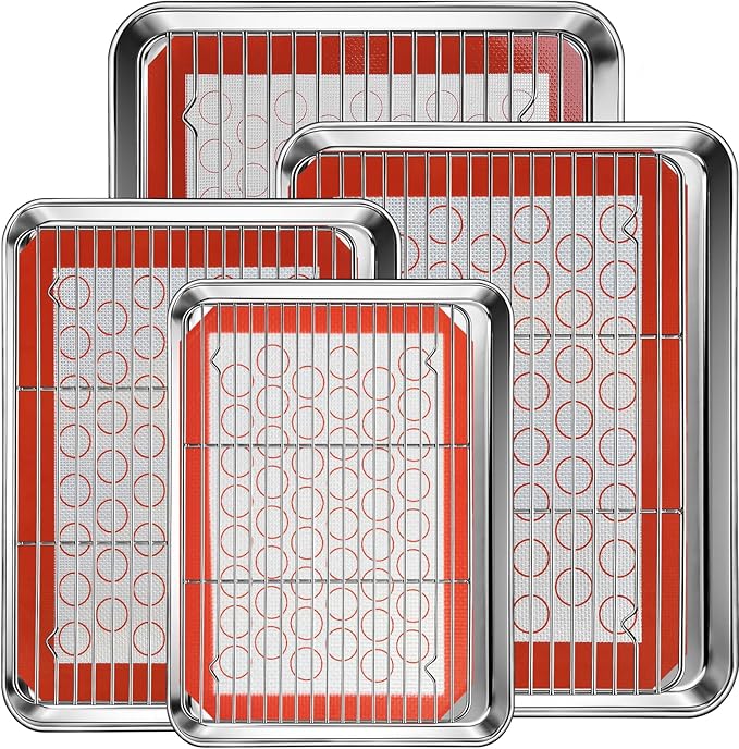 Baking Sheet Pan Set of 12, CEKEE Stainless Steel Cookie Sheets for Baking with Cooling Rack Silicone Baking Mat, Small/Quarter/Jelly Roll Pan, 9/10/12/16 Inch, Heavy Duty & Non Toxic & Easy Clean