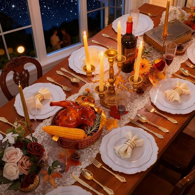 WDF 200 Pieces Gold Plastic Silverware Disposable - 50 Guests Heavy Duty Thanksgiving Gold Plastic Cutlery - Disposable Utensils Includes 100 Forks, 50 Spoons, 50 Knives Perfect for Party/Weeding