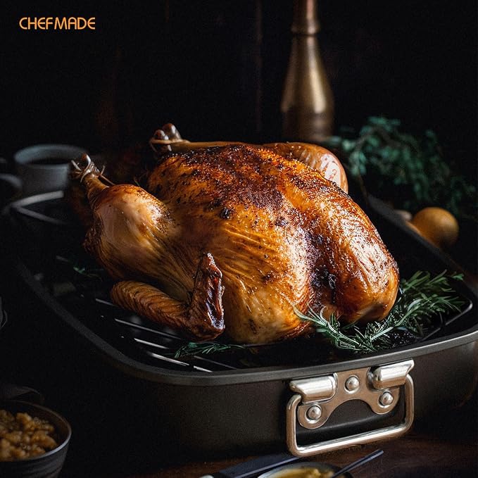 CHEFMADE Roasting Pan, 17-Inch Non-Stick Turkey Roaster Lasagna Pan with V Rack - Rectangular Deep Dish Chicken Roaster-BBQ Pan for Turkey 14.1" x 17.1" x 3.3"(Black)