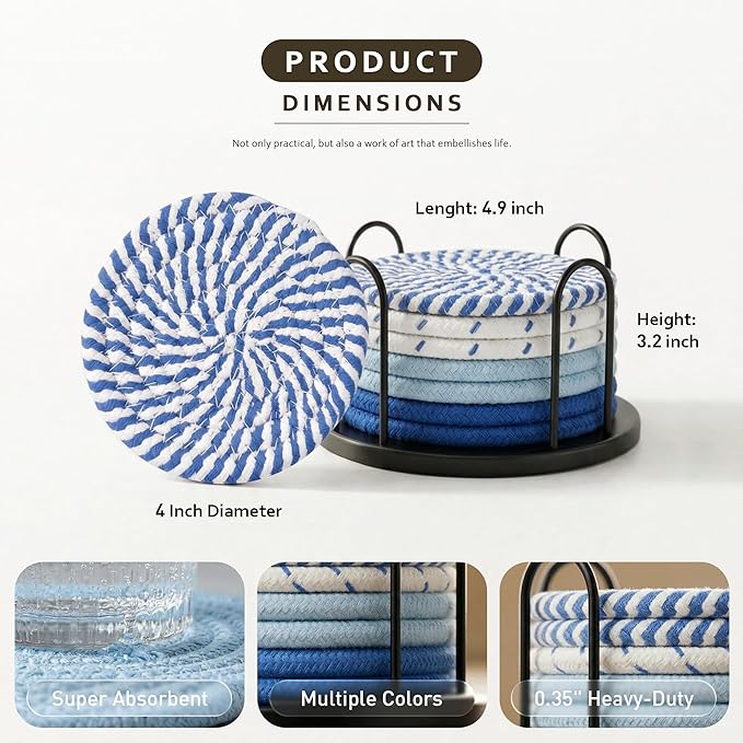 Lazebox Coasters Set of 8 for Drinks, 4 Inch Large Coasters for Coffee Table, Tabletop Protection for Hot & Cold Drinks, Versatile Coasters for Home Decor, Non-Slip & Easy to Clean