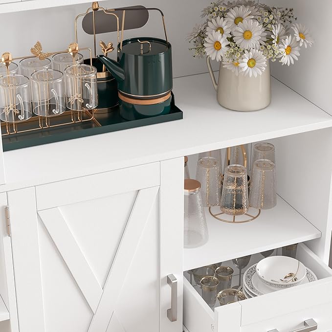 HOSTACK 60.4" Farmhouse Kitchen Pantry Storage Cabinet, Freestanding Hutch with Doors & Shelves, Buffet Sideboard with Microwave Stand, Coffee Bar with Drawers, Cupboard for Dining Room, White