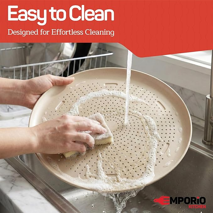 Emporio Kitchen Non-Stick Pizza Pan 2 Pack – 16 Inch Round Carbon Steel Pizza Tray with Perforated Holes, PFOAPFOSPTFE-Free, Dishwasher & Oven Safe Up To 450°F, Durable Nonstick White Marble Coating