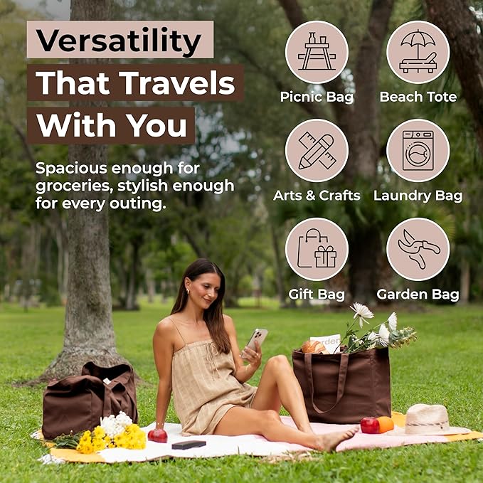 VeraMia Canvas Grocery Bag 3pc XL Set with Real Pockets, Long Shoulder Strap and Short Handle. Heavy Duty, Foldable, Washable