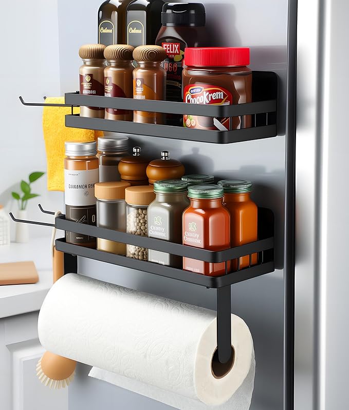 Paper Towel Holder Fridge Magnetic with Shelf - 2 Pack Paper Towel Holder Without Drilling + Magnet Spice Racks with 2 Kitchen Hanging Hooks Heavy Duty Space Saving, Black