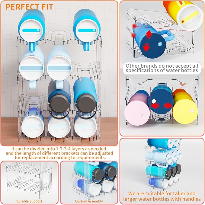 Yieach 3 Tier Stackable Water Bottle and Tumbler Organizer for Kitchen Cabinets,Large Waterbottle Holder and Cup Storage Organizer for 40 OZ Yeti,Owala or Stanley Cup Storage Rack With Handle Groove