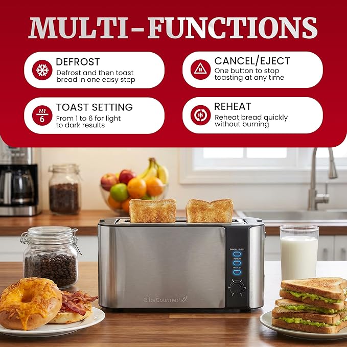 Elite Gourmet ECT3200 2-Slice, 1 Long Slot, Slim Toaster, Reheat, 6 Toast Settings, Defrost, Cancel Functions, Built-in Warming Rack, Extra Wide Slots for Bagels Waffles, Stainless Steel & Black