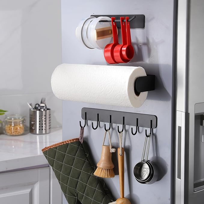 3 Packs Magnetic Kitchen Organizer & Magnetic Utensil Holder - Hanging Hooks &Paper Towel Holder & Tumbler Lid Organizer, Fridge Magnet Organizer Metal Black