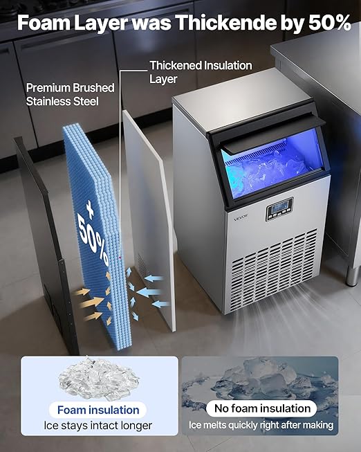 VEVOR Commercial Ice Maker Machine, 130 lbs/24h with 26 lbs Storage Capacity, Moon-Shaped Ice，Built-in/Freestanding/Under Counter, Ice Maker with LED Display & Self-Cleaning, for Home Bar Restaurant
