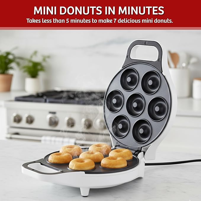 Mini Donut Maker, Durable, Nonstick Easy to Use Mini Baking Machine - Cooks 7 Mini Doughnuts at a Time - Glazed, Frosted with Sprinkles, Nuts, or Vegan Donuts, & More (White)