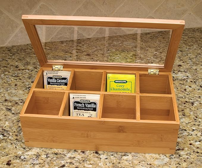 Lipper International Bamboo Wood Tea Box with Clear Lid, 8 Compartments, 12-1/2" x 7-1/2" x 3-5/8"