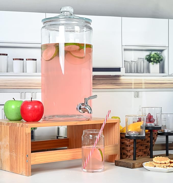 2 Gallon Beverage Dispenser with Stainless Steel Spigot + Marker & Chalkboard 100% Leakproof Glass Drink Dispenser for Parties with Spout, Airtight Beverage Serveware for Water Juice Laundry
