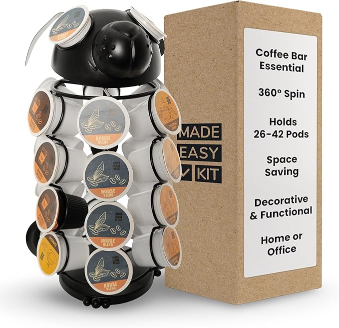 Made Easy Kit Carousel Coffee Pod Holder - Compatible with Keurig K-Pods K-Cups - Countertop 360 Spin Rack Storage Organizer - Revolving Base - Capsule Café Station Bar (Dog Black, Small)