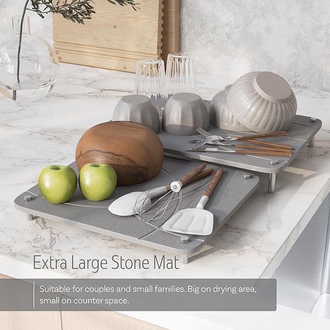 Large Stone Drying Mat for Kitchen Counter | 15.8” x 11.8” Dish Drying Mat Large | Diatomaceous Earth Collapsible Stone Dish Drying Mat | Collapsible Stone Mat for Kitchen Counter (Light Gray)
