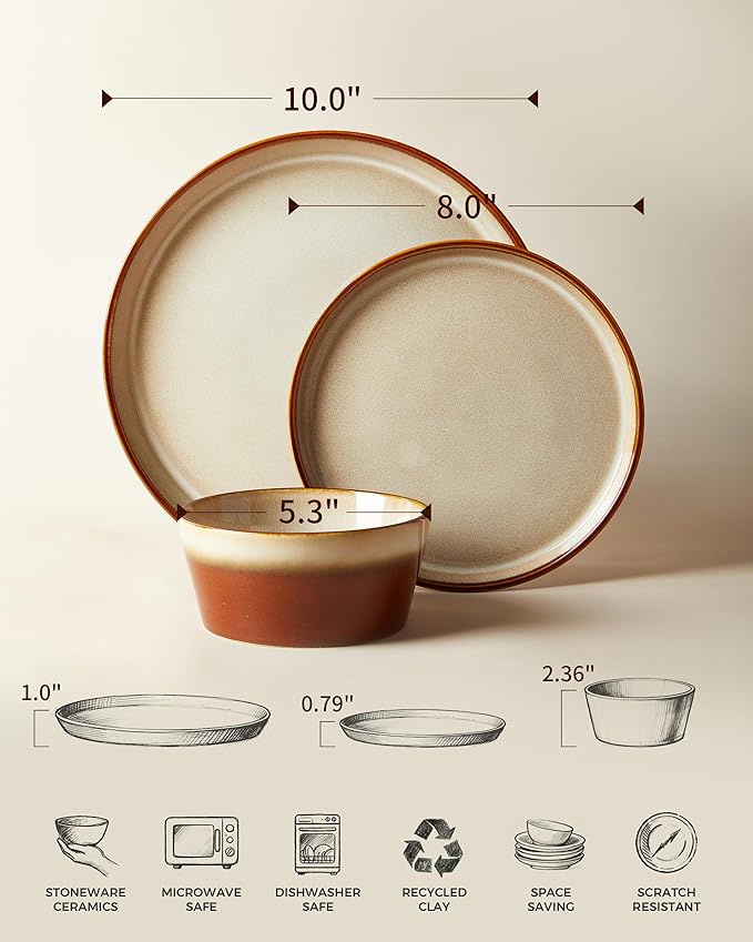 Pokini Dinnerware Set for 6, Ceramic Dish Sets, Plate and Bowl Set, Microwave & Dishwasher Safe Dishware Set, Chip & Scratch Resistant Dinner Set, Each Piece Unique, Amber Brown