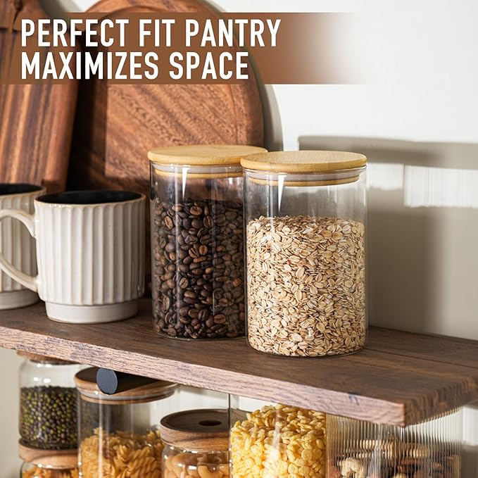 D2scrma 32oz Straight Cylindrical Airtight Storage Containers with Bamboo Lids Set of 6, Round Stackable Canisters, Food Jars, Pantry Organizers for Sugar, Cookies and Coffee beans (with Black Lable)