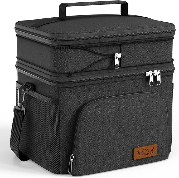 HOTOR Insulated Lunch Box for Men & Women - Leak-Proof Cooler Lunch Bag with 4 Pockets, Adjustable Strap, Ideal for Work, Picnic, Travel - Black, 2 Layers, Medium, 10.24"×7.09"×11.81"
