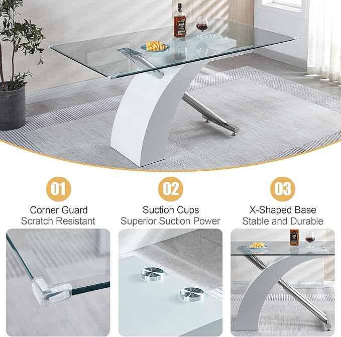 7 Piece Glass Dining Table Set for 6, 63" Modern Kitchen Table with 6 White Velvet Chairs, Tempered Glass Tabletop with White X-Shaped MDF Base, Modern Dining Room Set for Kitchen and Dining Room