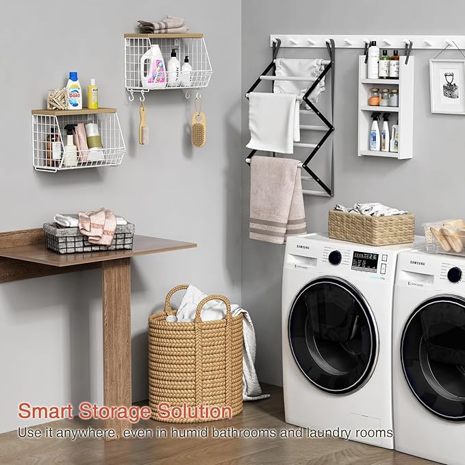 Goozii White Fruit Storage Basket for Kitchen Counter Set of 2, Wall Mount Wire Fruit Basket with Shelf with Banana Hanger, Hanging Countertop Organizer for Bathroom Pantry Cabinet, White + Natural