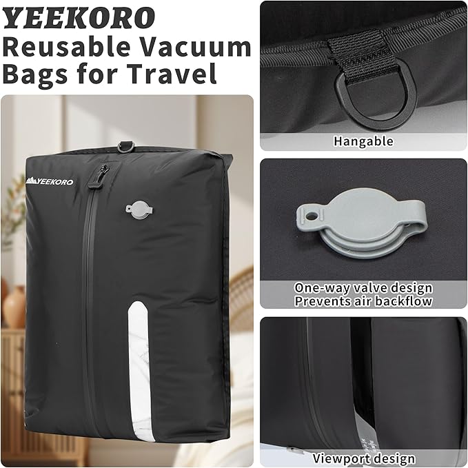 Vacuum Bag for Travel, Professional IPX8 Waterproof Reusable Vacuum Compression Bags for Travel Suitcases, Durable Space Saver Bag(2 PACK,With Pump)