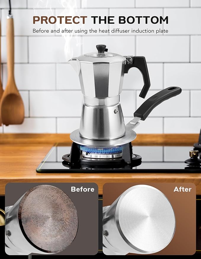 Induction Adapter Plate Detachable, 5.5 Inch Stainless Steel Heat Diffuser Plate for Moka Pot 12 Cup, Heat Diffuser Cooking Induction Adapter for Gas Stove and Glass