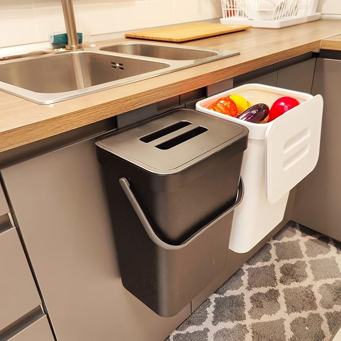1.3 Gallon/ 5L Compost Bin Indoor Kitchen and 3.2 Gallon/12L Small Trash Can with Lid for Kitchen Cabinet，Black