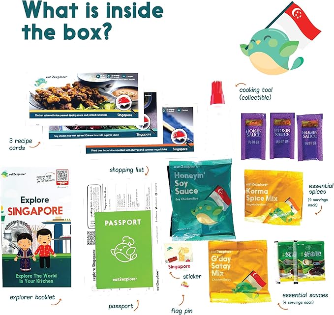 eat2explore Cooking Kits for Kids 17 Pcs – Interactive & Educational Kids Cooking Sets Real for Ages 5 and Up,3 Recipe Cards & Global Ingredients – Perfect for Families and Homeschooling (Singapore)