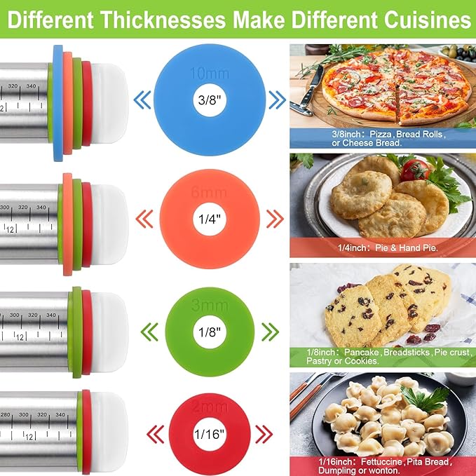 Rolling Pin with Thickness Rings and Red Silicone Baking Mat, Adjustable Stainless Steel Rolling Pins for Pasta or Sugar Decorating Cookies, Bread Making Tools Fondant Roller for Dough, Dumpling