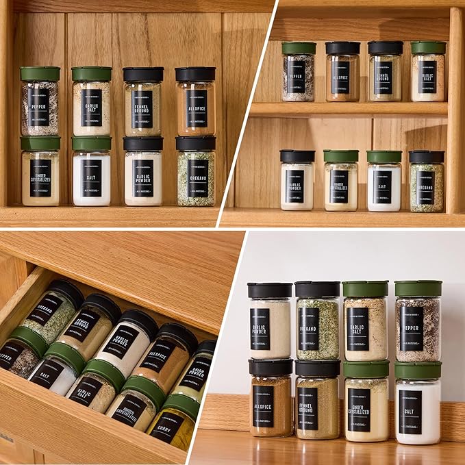 12 pcs Glass Spice Jars With Labels,6oz Glass seasoning Containers with Silicone Lids,Small Spice Storage Bottles for Kitchen Organizer,Seasoning Jars for Spice Rack,Cabinet,or Drawer