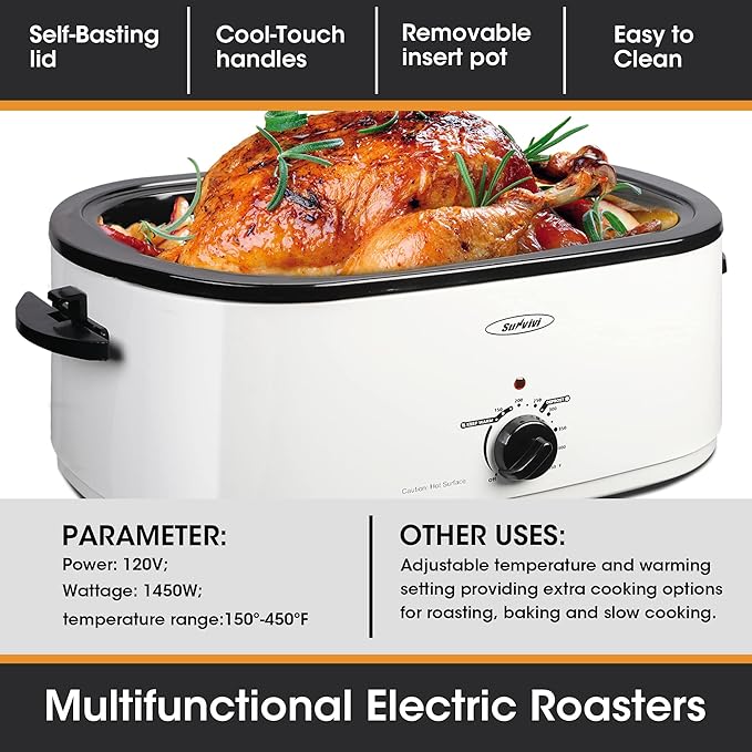 Sunvivi 26-Quart Roaster Oven, Electric Roaster Oven with Viewing Lid, Sunvivi Turkey Roaster with Unique Defrost/Warm Function, Large Roaster with with Removable Pan & Rack, Stainless Steel, White
