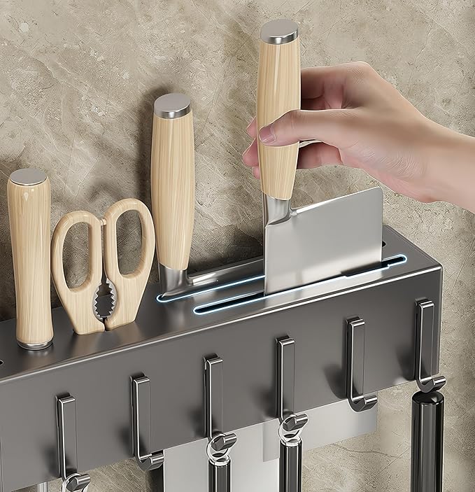 SEIDO Carbon Steel Utensil Rack – Space-Saving 16" L Kitchen Organizer with hooks & hanging bar, Gunmetal Gray Knife Holder, 2 Installation Options (Adhesive/Screwed)