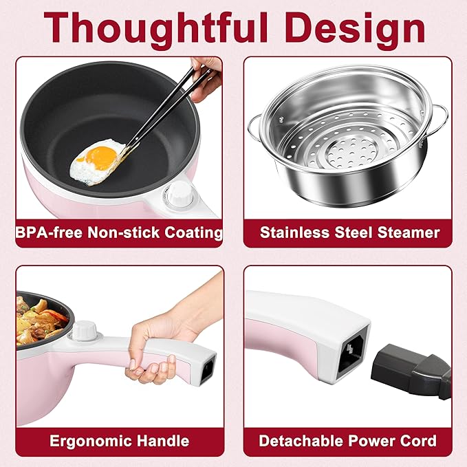 Dezin Hot Pot Electric with Steamer Upgraded, Non-Stick Sauté Pan, Rapid Noodles Electric Pot, 1.5L Mini Pot for Steak, Egg, Fried Rice, Ramen, Oatmeal, Soup with Power Adjustment