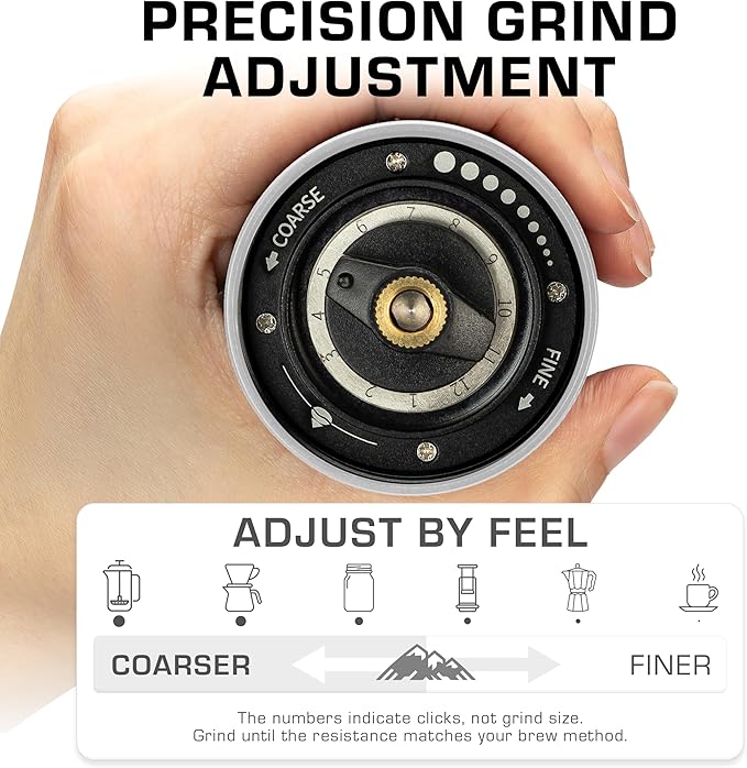 COLETTI Crag Manual Coffee Grinder — Hand Coffee Grinder — CNC Burr Precision Hand Grind, Heavy Duty for Travel, Camping, Hiking & Adventure – Includes Brush [Silver Coat]