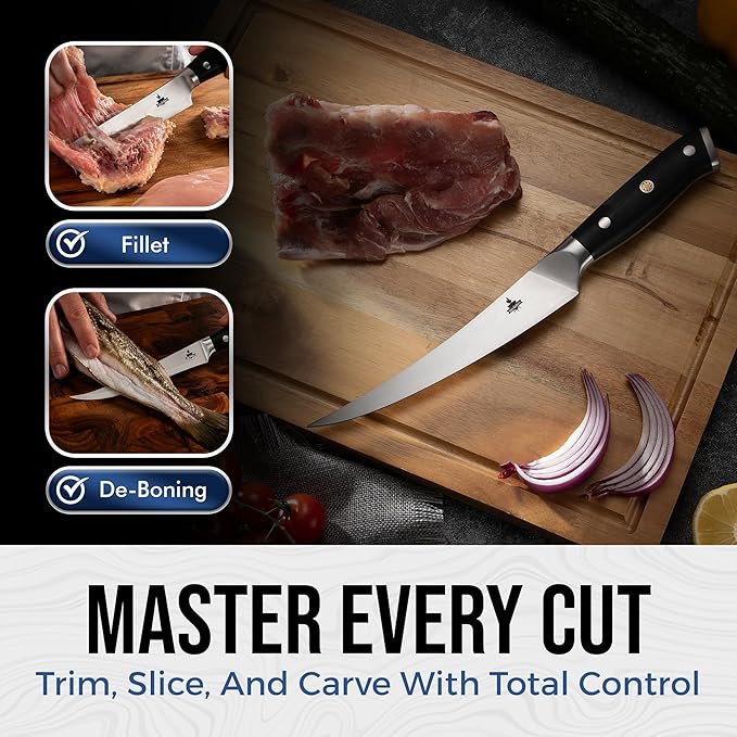 Brisket Knife Set for Meat Carving & BBQ - 12" Slicing Knife, 6" Boning Knife & Carving Fork for Smooth Meat Cutting, Full Tang & Ergonomic - Razor Sharp German Steel, Grilling Gifts for Men