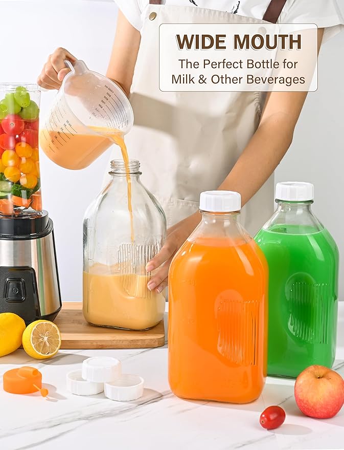 KMIGRUAN 2QT Heavy Duty Glass Milk Bottle with Lid,2Pack 64oz Glass Milk Jug with Reusable Airtight Screw Lid,Bottles for Juice,Water,Oat or Plant Milks