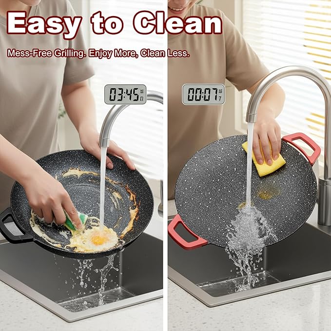 Electric Indoor Grill Nonstick Smokeless, 14 Inch Round Griddle with Temperature Control, Includes Oil Brush & Food Tongs for Kitchen, BBQ, Pan Searing Steak, Pancakes