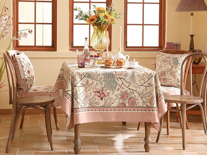 patdrea Designer Pink Linen Table Cloth for Rectangle Table,Vintage Floral with Birds Pattern Decorative Tablcloth,French Table Cover for Kitchen Dining,Thanksgiving,Christmas,63"x87"-Kulom a