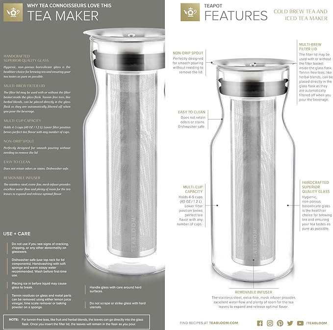 Teabloom Multi-Beverage Carafe (40 OZ / 1.2 L / 4-5 CUPS) – Brew and Serve Iced Tea, Cold Brew Tea and Fruit Infused Water – Cypress Carafe