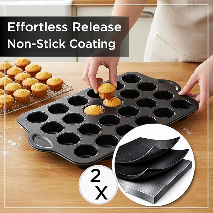 Wrenbury 24-Cup Mini Muffin Pan - PFOA-Free Non-Stick, Premium Carbon Steel, 1.8" Cups, Dishwasher Safe