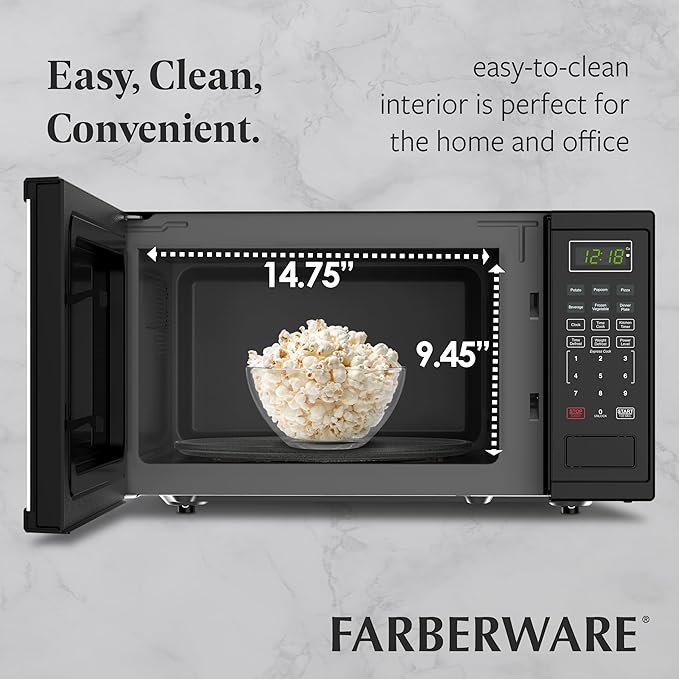 Farberware 1.1 Cu. Ft. Countertop Microwave Oven – 1000 Watts Power, Auto Cook Settings, Defrost, Easy Clean and Child Safety Lock - Black