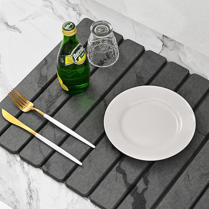 Large Stone Drying Mat for Kitchen Counter, 24''L x 16''W Diatomaceous Earth Collapsible Dish Drying Mat, Quick Drying Mat, Glasses and Flatware, Matches Any Countertop (Veined-B, 24" x 16")