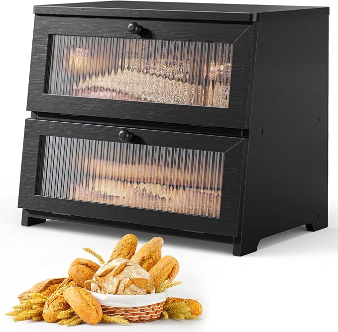 Kitsure Bread Box - Wooden Bread Box for Kitchen Countertop, Large Capacity Kitchen Countertop Organizer, Stylish Bread Storage with Window, Multi-functional Container, Black, 15.0"x13.0"x9.1" (2T)