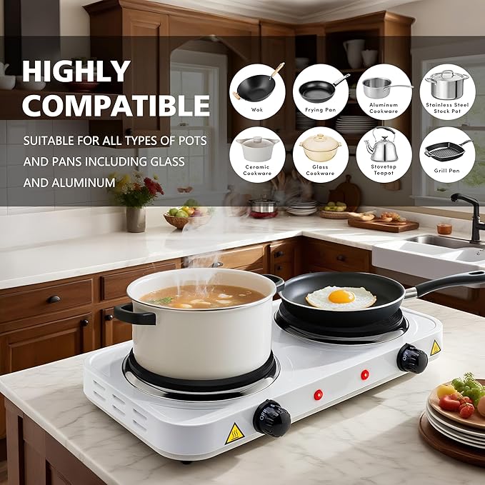 Electric Hot Plate, 2200W Countertop Burner, Cast Iron 2 Burners, Portable Electric Burner Stove, Portable Double Burners for Cooking,Easy to Clean, Black