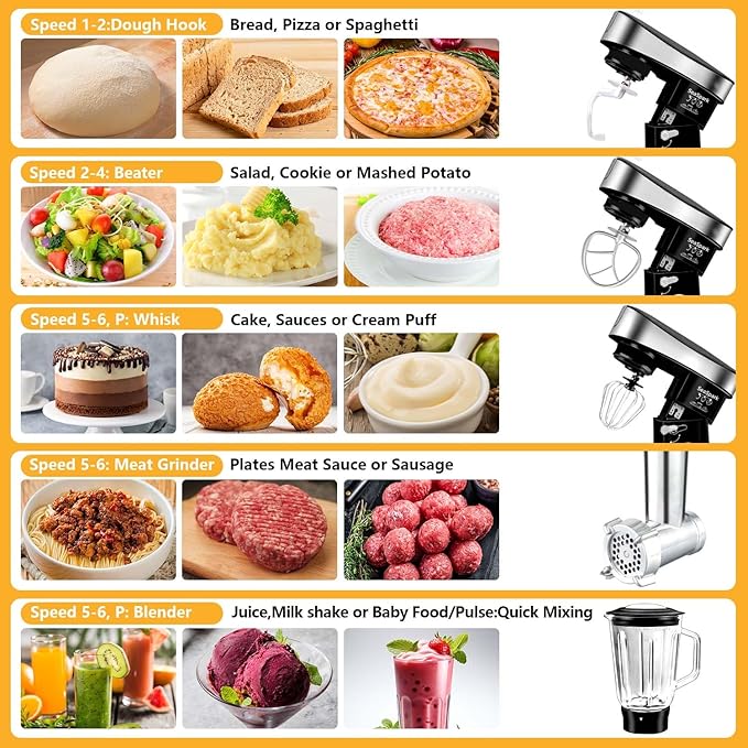 Multifunctional Stand Mixer, 6 in 1 Stand Mixer, 6.3Qt Tilt-head, Standing Mixer with Stainless Steel Bowl, Meat Grinder, Juice Blender, for professional Baking and Most Home Cooks, Black