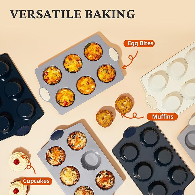 BRONYPRO 2-Pack 6-Cup Non Toxic Nonstick Ceramic Jumbo Muffin Pan & Cupcake Tin, PFOA & PFOA Free, Rust-Resistant Aluminized Steel, Oven Safe, Blue