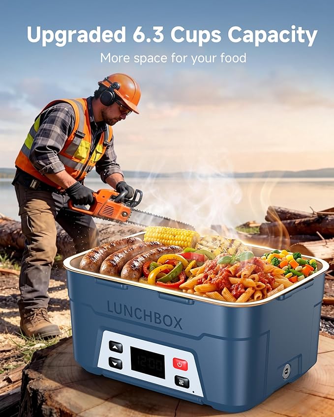 EAST OAK Heated Lunch Box for Men, 6.3 Cups Electric Lunch Box for Adults, 27000mAh Cordless Portable Food Warmer, Rechargeable Self Heating Food Heater with Memory Function & Automatic Keep Warm