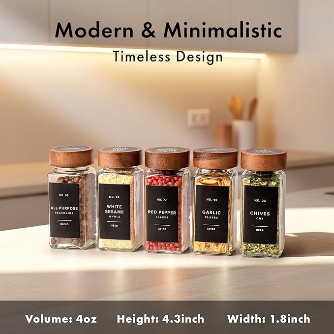 EDELHAUS® Square Spice Jars with Acacia Wooden Lid (Pack of 24) Spice Jars with Shaker Insert and 240 Labels - Acacia Lids Glass Container for Spice Organisation [4.3 in × 1.8 in]
